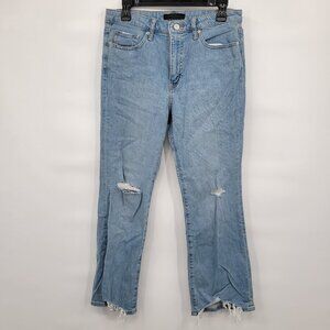 Uniqlo Women Blue 10" High Waisted Distressed Raw Hem Stretch Jeans Size 27